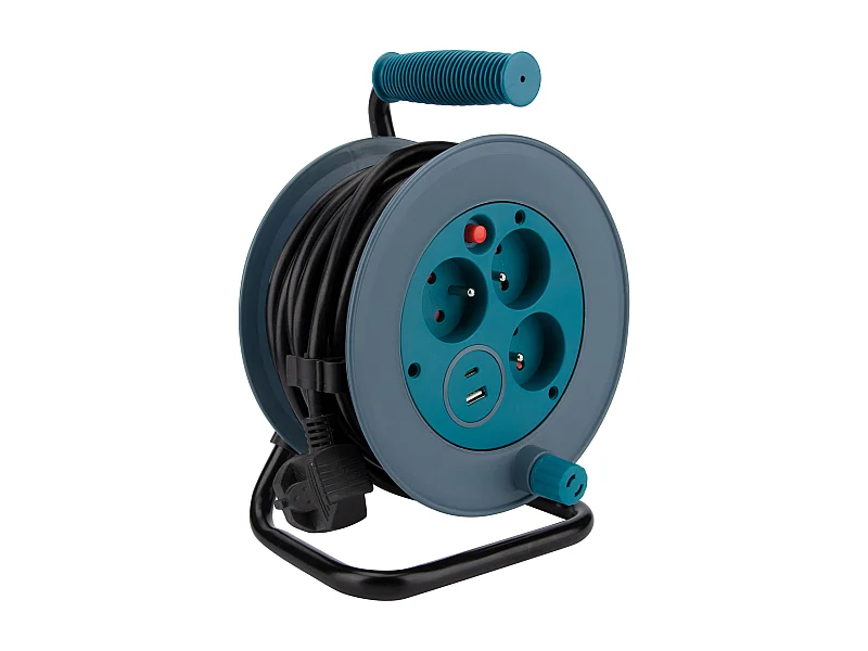 Enrouleur compact 3 prises + 2 USB C/A 12m - Bleu - Zenitech