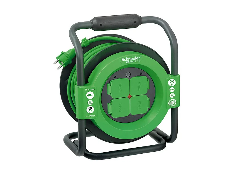 Enrollador Schneider 40m H07RNF 4 tomas 16A IP44 chasis metálico para bricolaje exterior