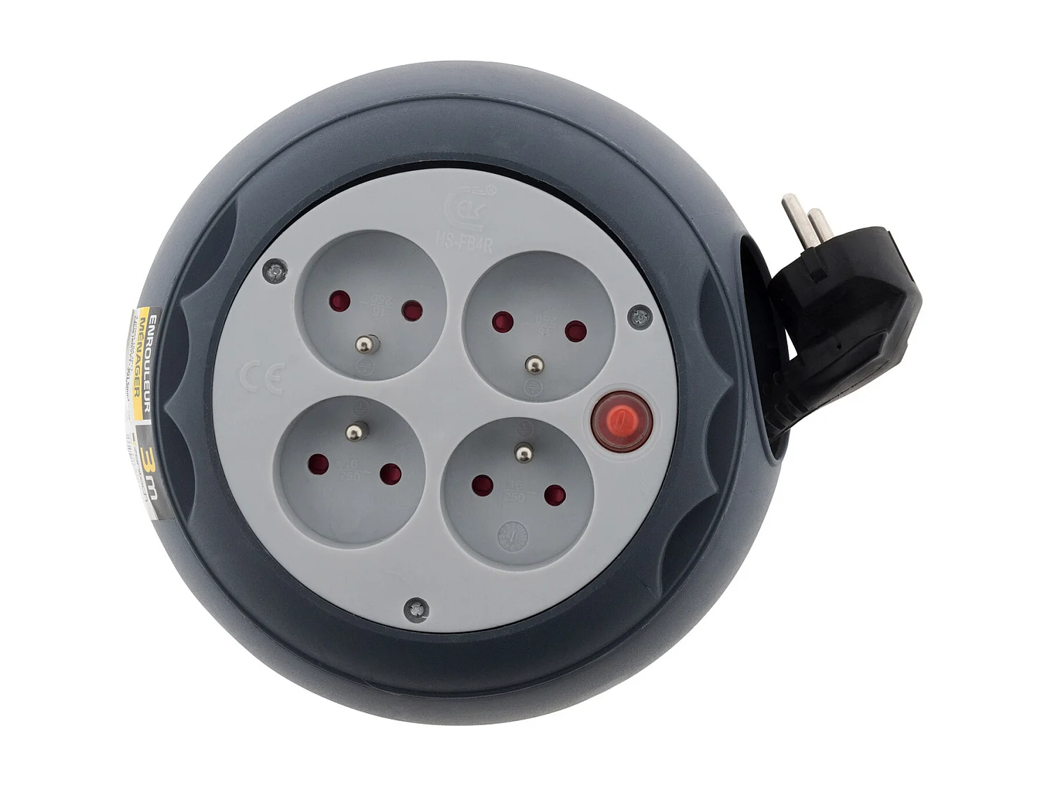 Enrouleur domestique 3m 4 prises 2P+T - Gris - Zenitech