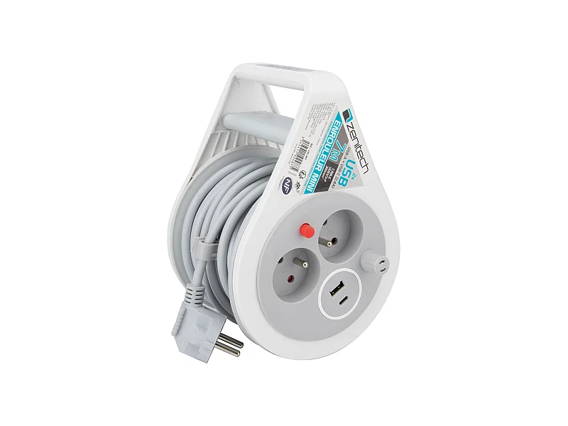 Mini enrouleur 2 prises 2P+T + 2 USB - 7m - Gris - Zenitech