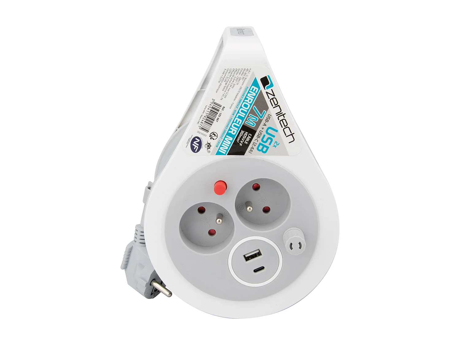 Mini enrouleur 2 prises 2P+T + 2 USB - 7m - Gris - Zenitech