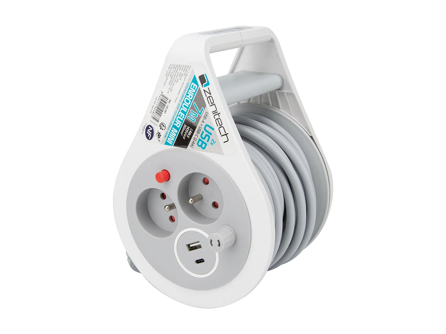 Mini enrouleur 2 prises 2P+T + 2 USB - 7m - Gris - Zenitech