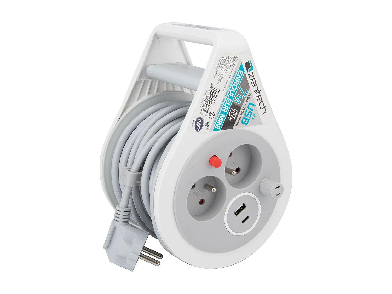 Mini enrouleur 2 prises 2P+T + 2 USB - 7m - Gris - Zenitech
