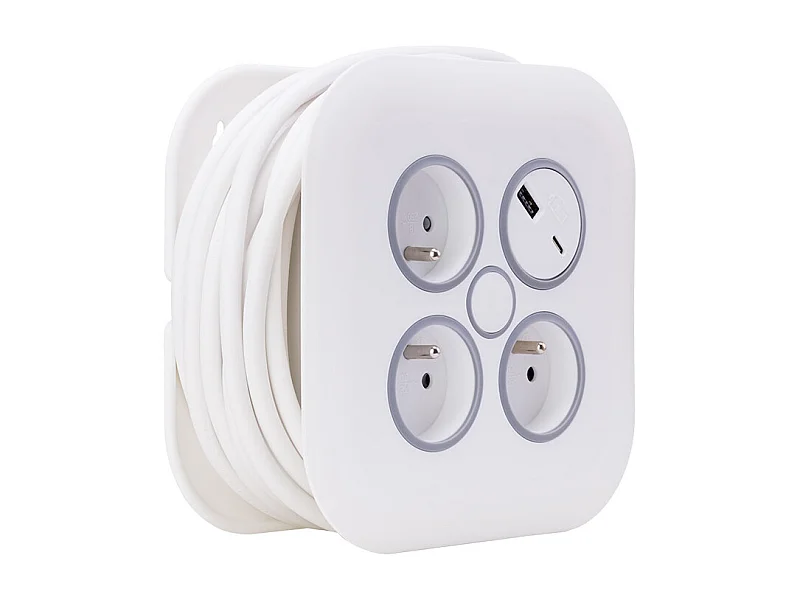 Enrouleur électrique domestique 3 prises + 2 USB-A/C - Blanc - Zenitech
