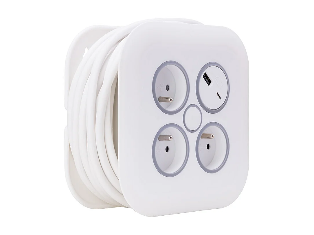Enrouleur électrique domestique 3 prises + 2 USB-A/C - Blanc - Zenitech