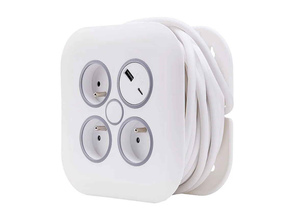 Enrouleur électrique domestique 3 prises + 2 USB-A/C - Blanc - Zenitech