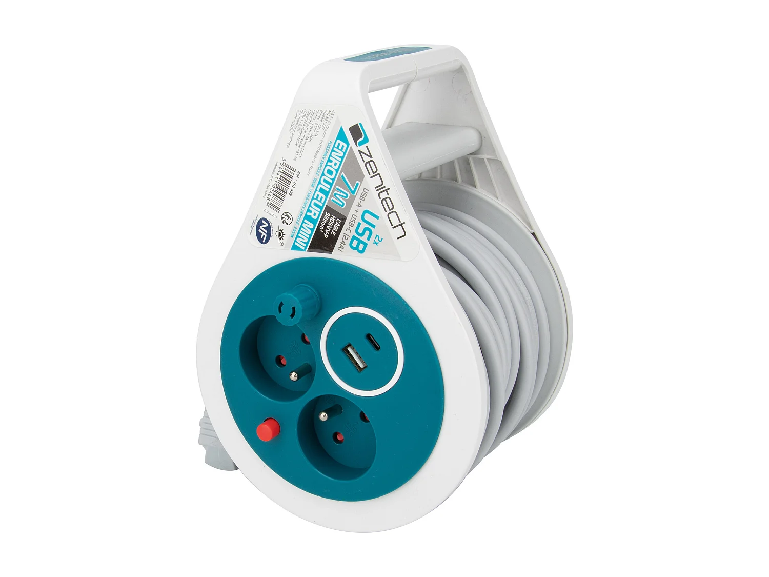 Mini enrouleur 2 prises P+T + 2 USB - 7m - Bleu - Zenitech