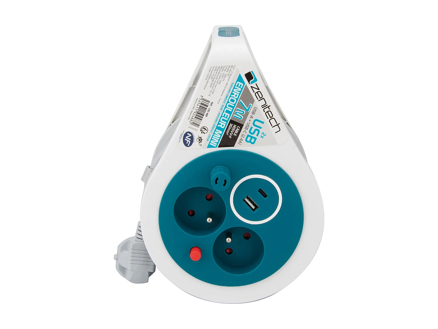 Mini enrouleur 2 prises P+T + 2 USB - 7m - Bleu - Zenitech