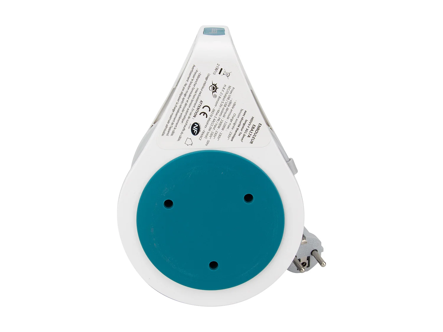 Mini enrouleur 2 prises P+T + 2 USB - 7m - Bleu - Zenitech