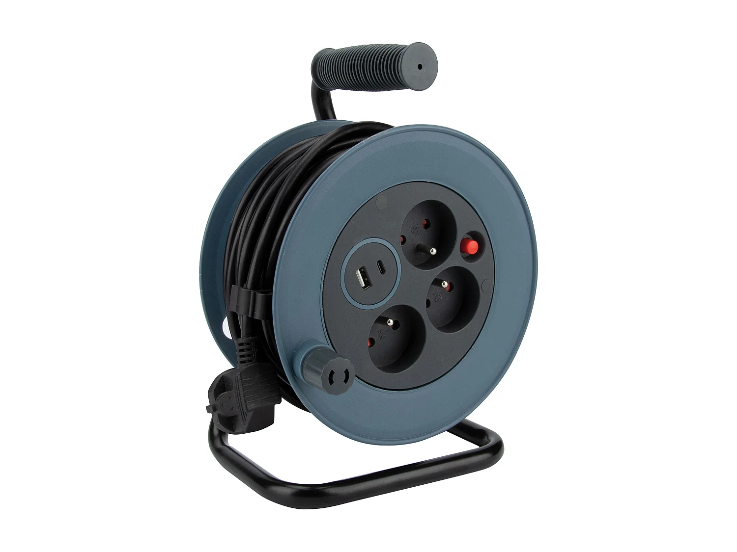 Enrouleur compact 3 prises + 2 USB C/A 12m - Gris - Zenitech