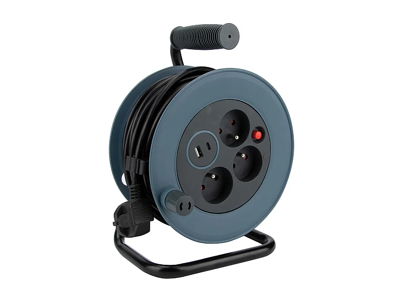 Enrouleur compact 3 prises + 2 USB C/A 12m - Gris - Zenitech