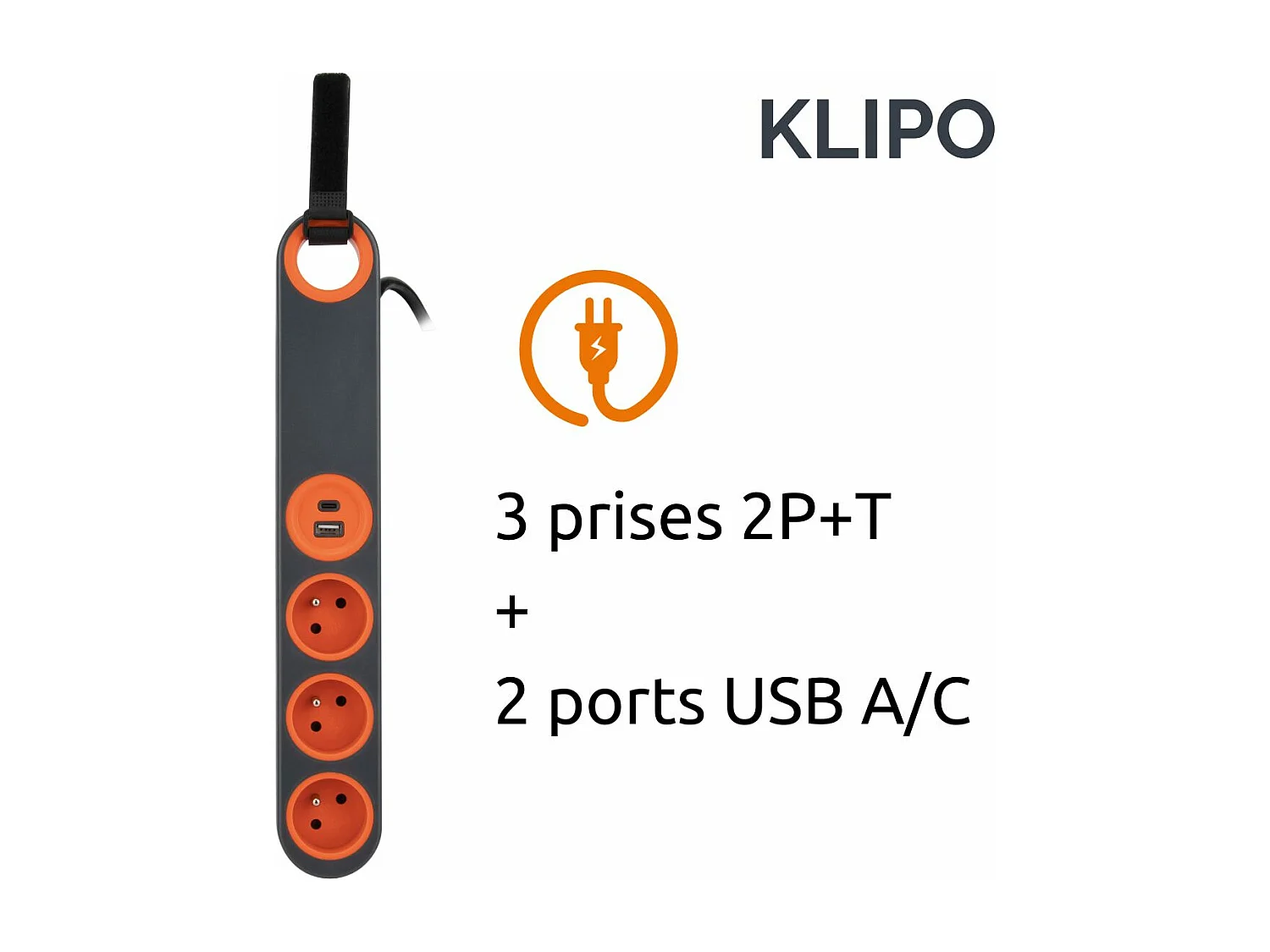 Bloc multiprise Klipo travaux et chantiers avec lampe LED - 3 prises 2P+T et USB Orange - Zenitech
