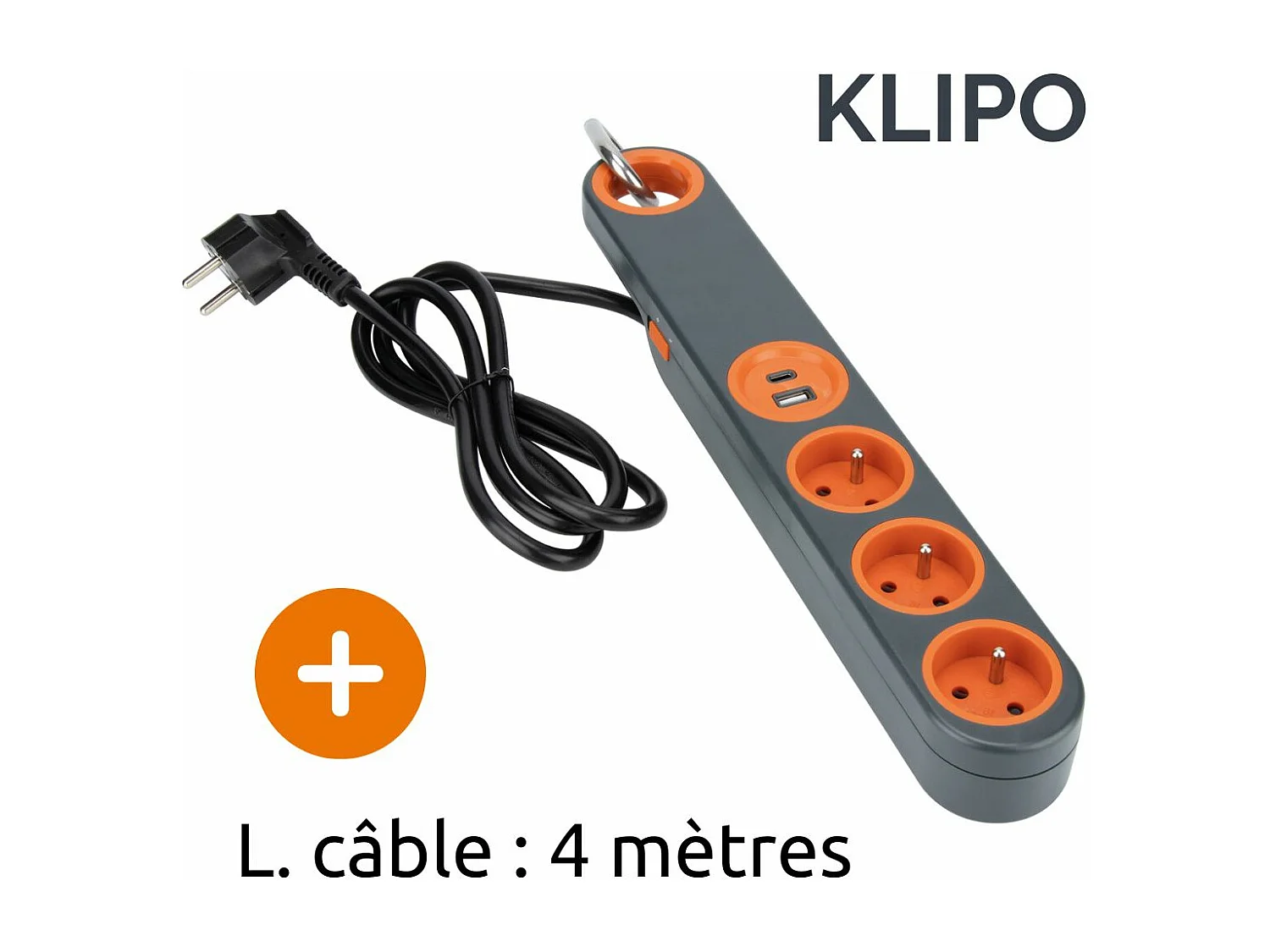 Bloc multiprise Klipo travaux et chantiers avec lampe LED - 3 prises 2P+T et USB Orange - Zenitech
