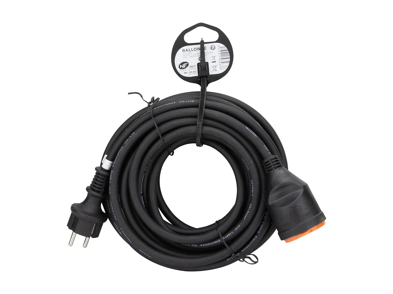 Rallonge étanche 2P+T H07RN-F 3x1,5mm² 10m avec clip de fixation - Orange - Zenitech