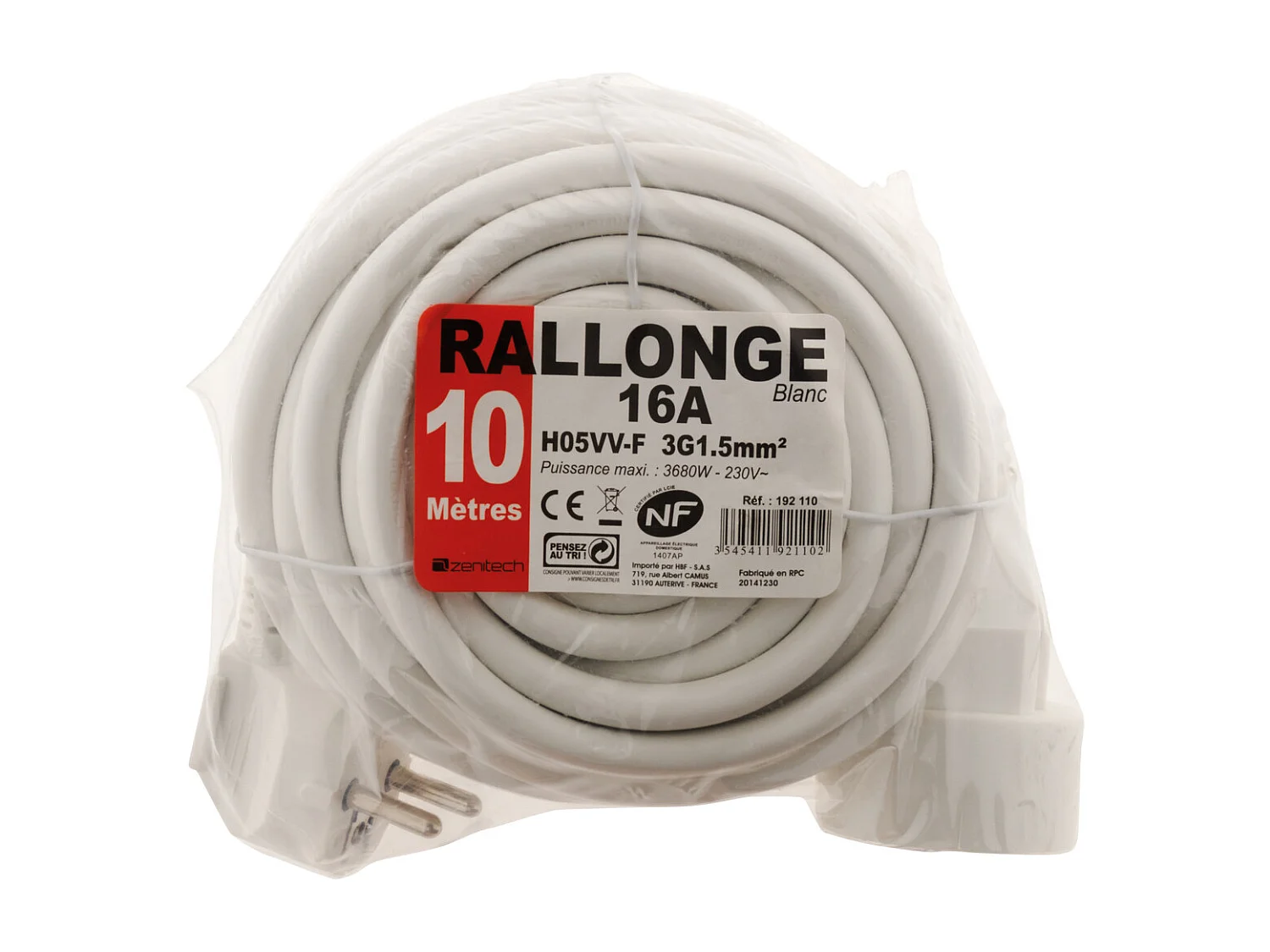 Verlängerungskabel 16A 2P+T HO5VV-F 3G1,5mm² Weiß 10m - Zenitech