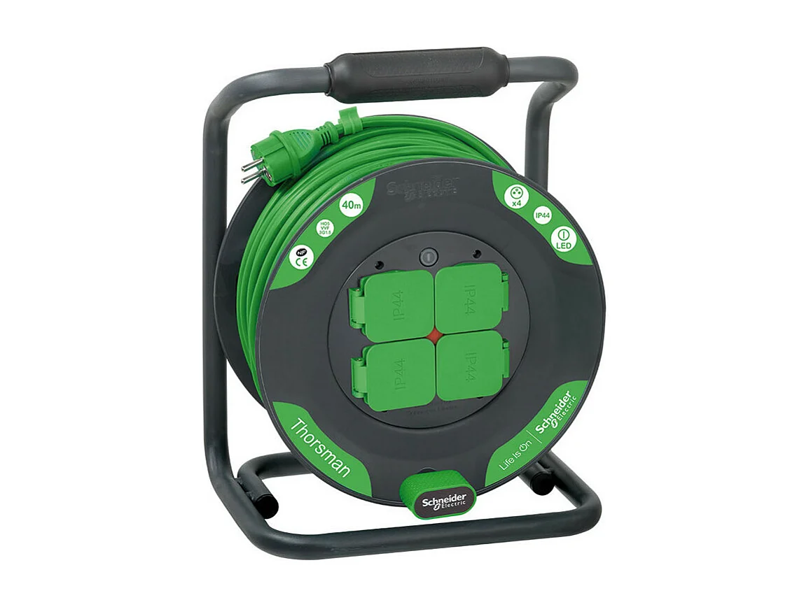 Enrolador de bricolagem Schneider 40m H05VVF 4 tomadas 16A IP44 estrutura metálica