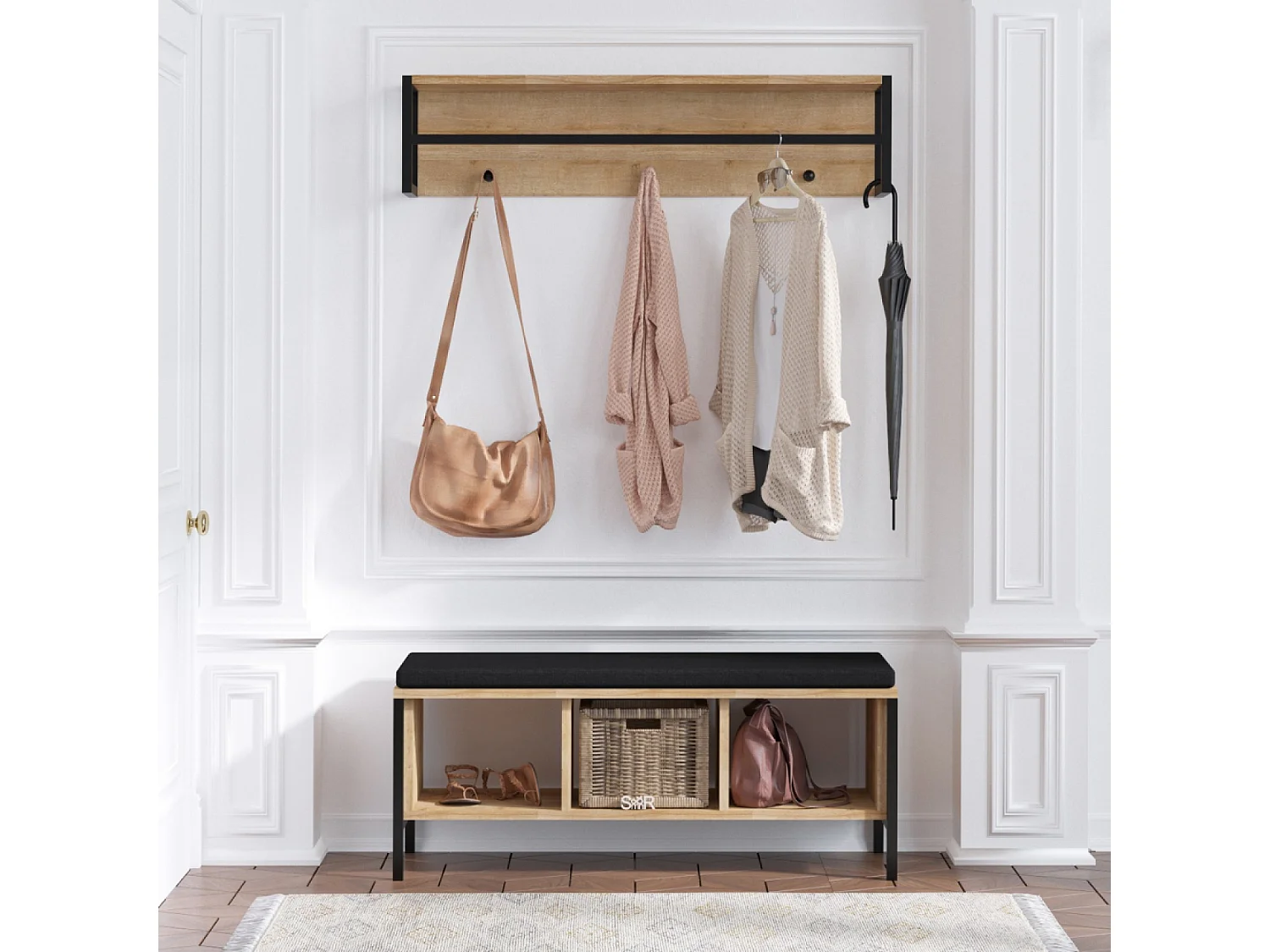 Mueble de entrada mural de madera y negro con 3 nichos TORUN