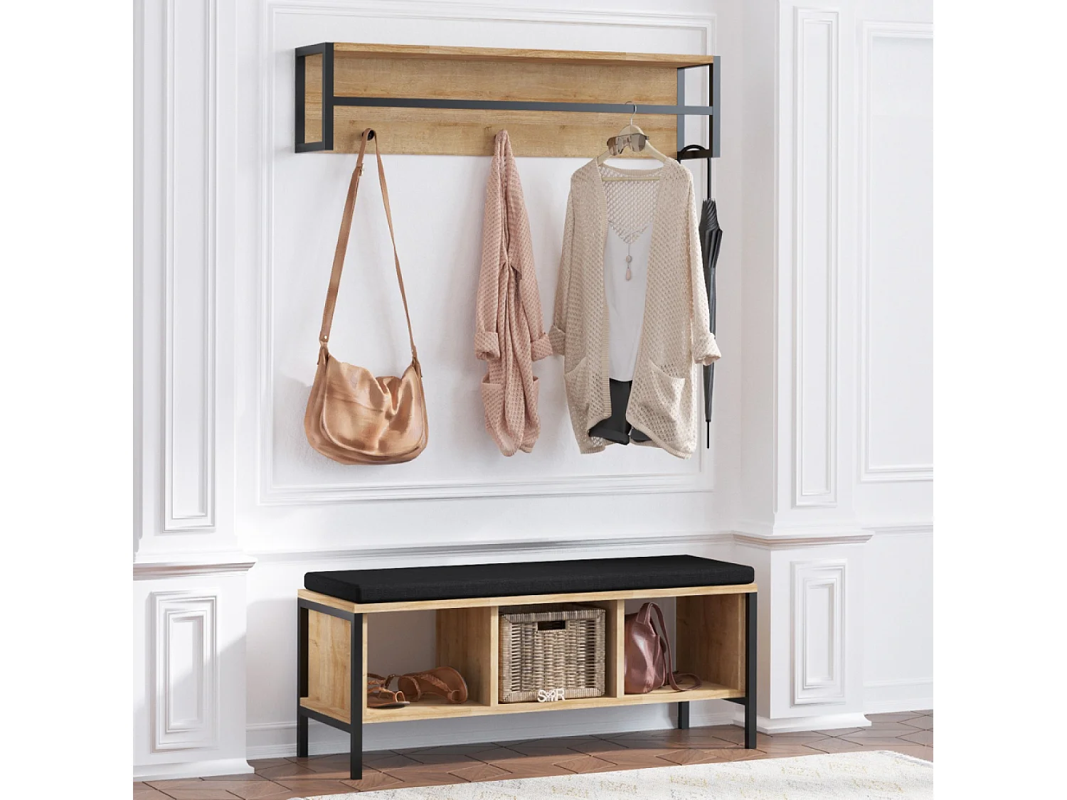 Mueble de entrada mural de madera y negro con 3 nichos TORUN