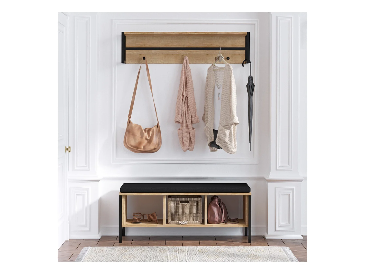 Wandgarderobe aus Holz und Schwarz mit 3 Fächern TORUN