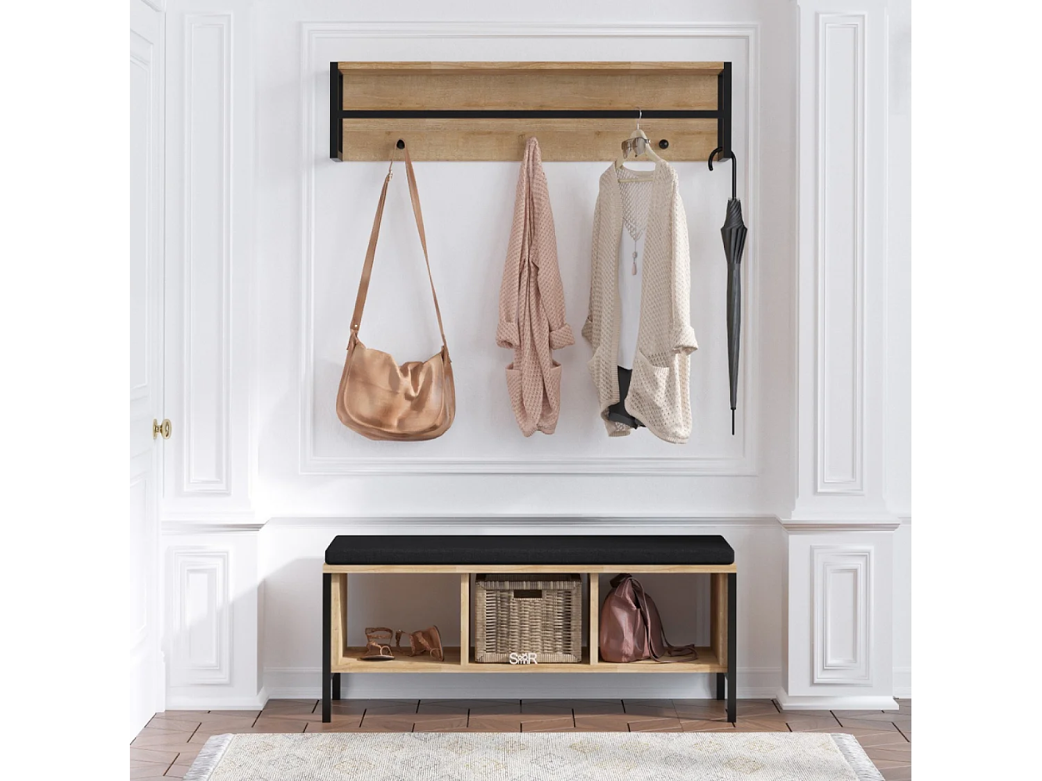 Meuble d'entrée mural bois et noir avec 3 niches TORUN