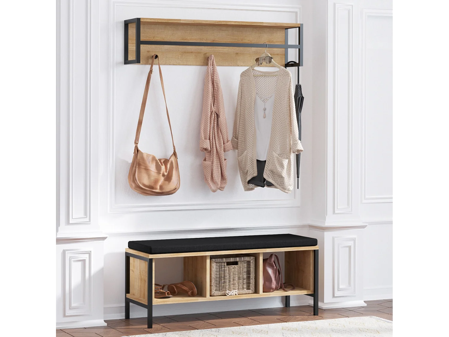 Wandkapstok van Hout en Zwart met 3 Nissen TORUN