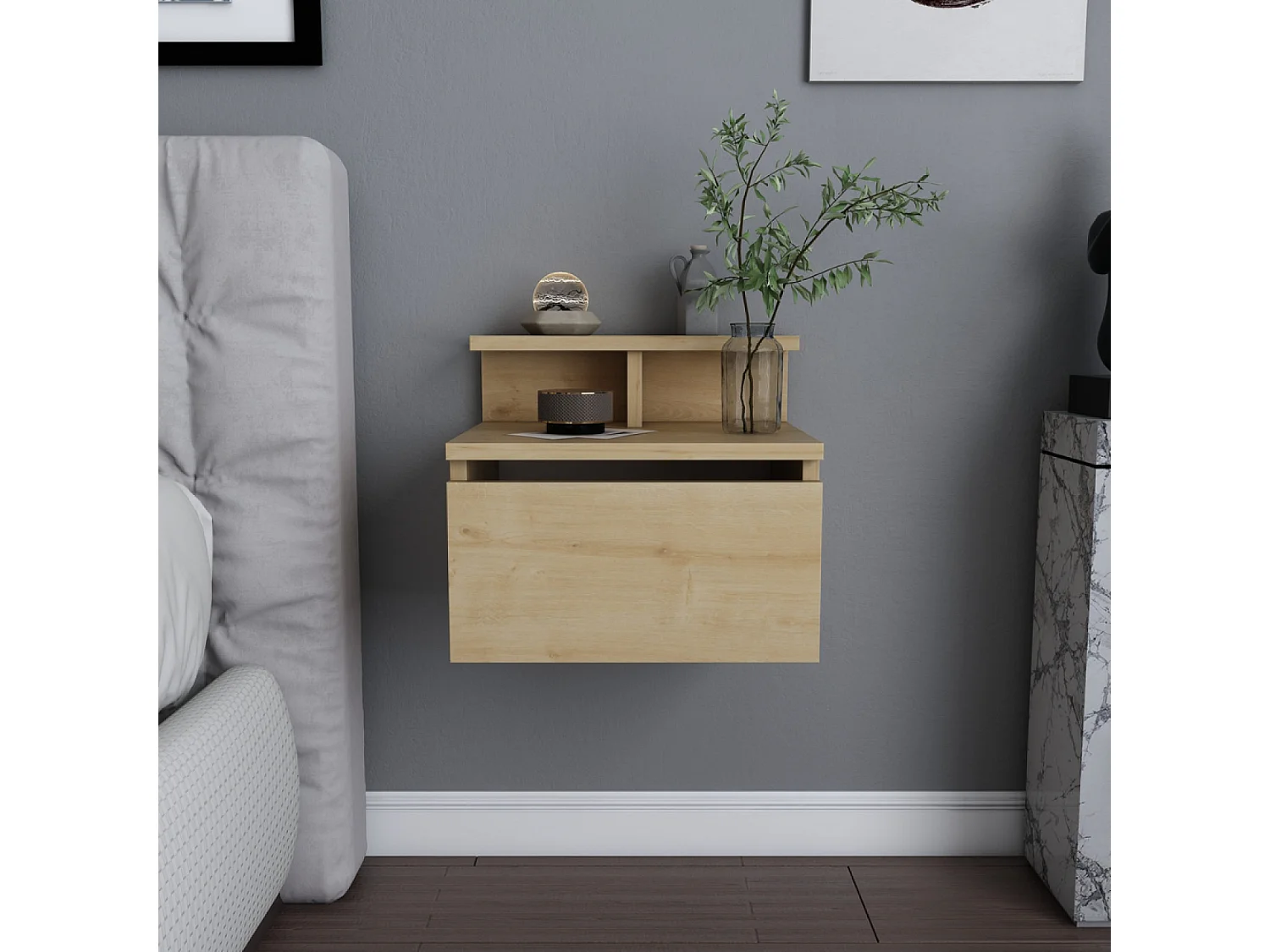 Comodino murale in legno con cassetto e ripiano VISBY