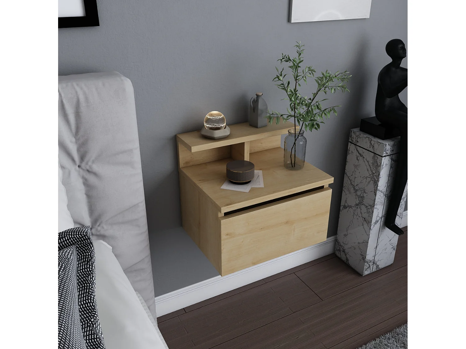 Comodino murale in legno con cassetto e ripiano VISBY