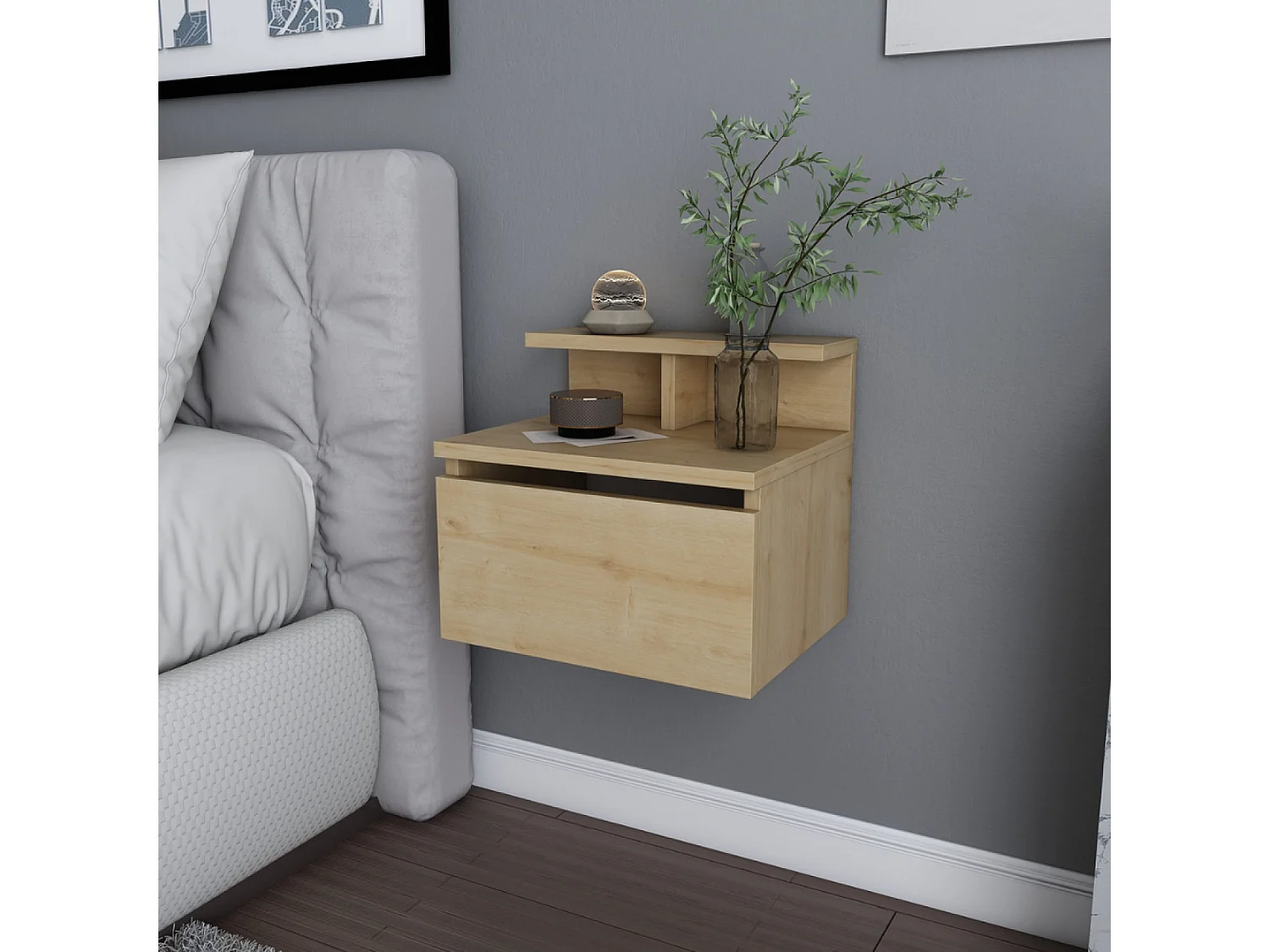 Comodino murale in legno con cassetto e ripiano VISBY