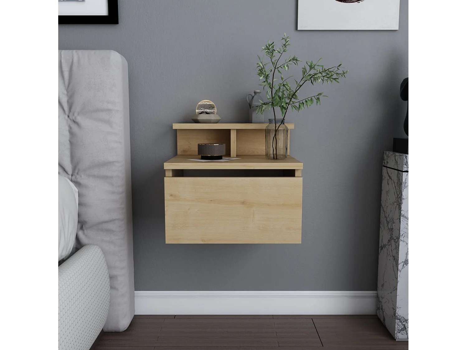 Comodino murale in legno con cassetto e ripiano VISBY