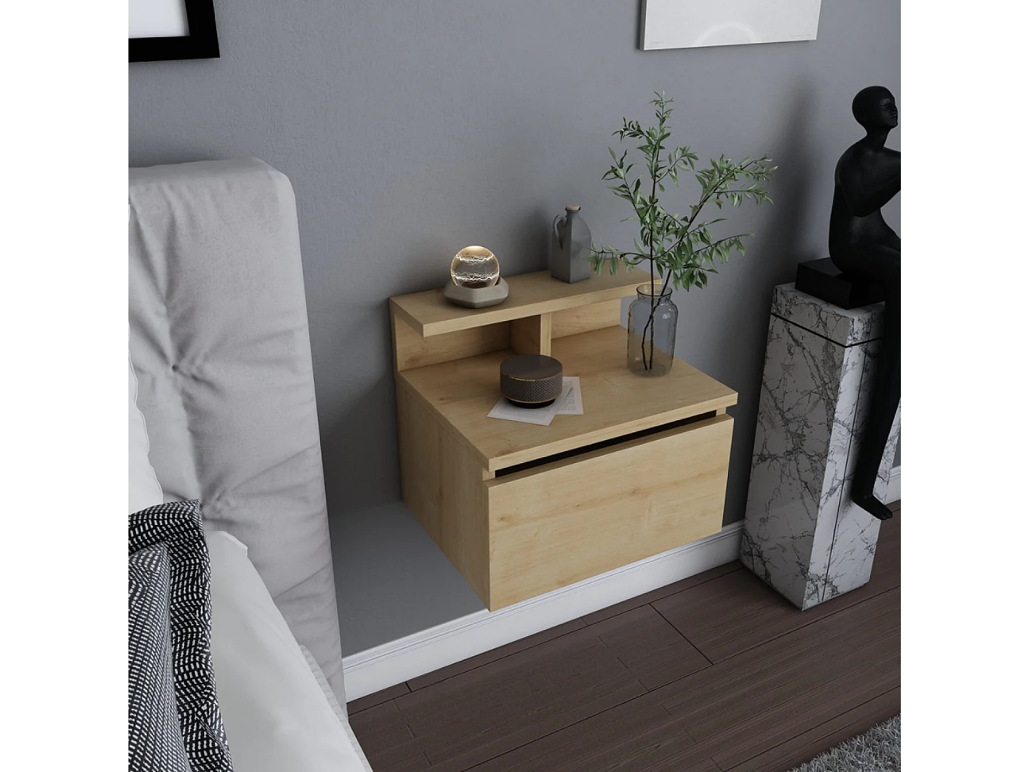 Comodino murale in legno con cassetto e ripiano VISBY