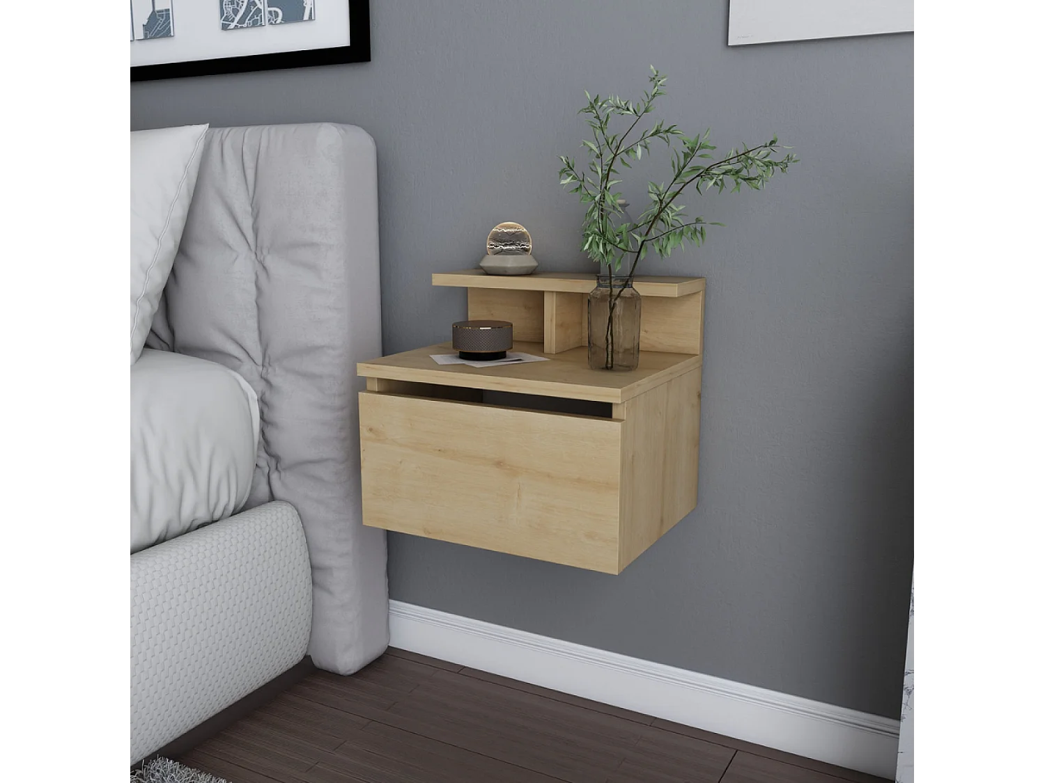 Table de chevet murale bois avec tiroir et étagère VISBY