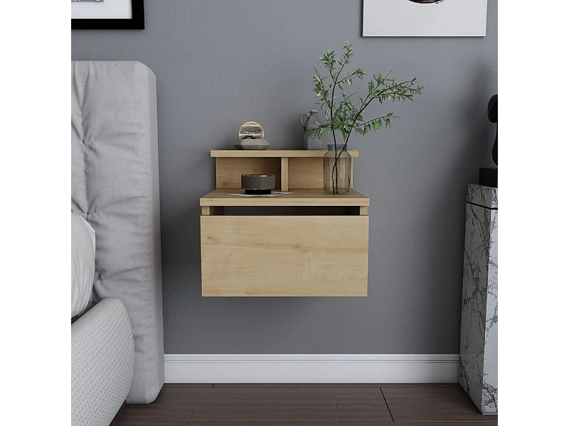 Table de chevet murale bois avec tiroir et étagère VISBY