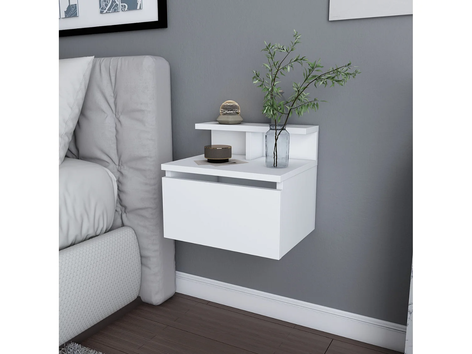 Comodino sospeso bianco con cassetto e ripiano VISBY