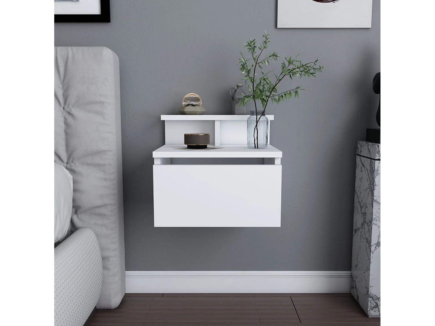 Comodino sospeso bianco con cassetto e ripiano VISBY