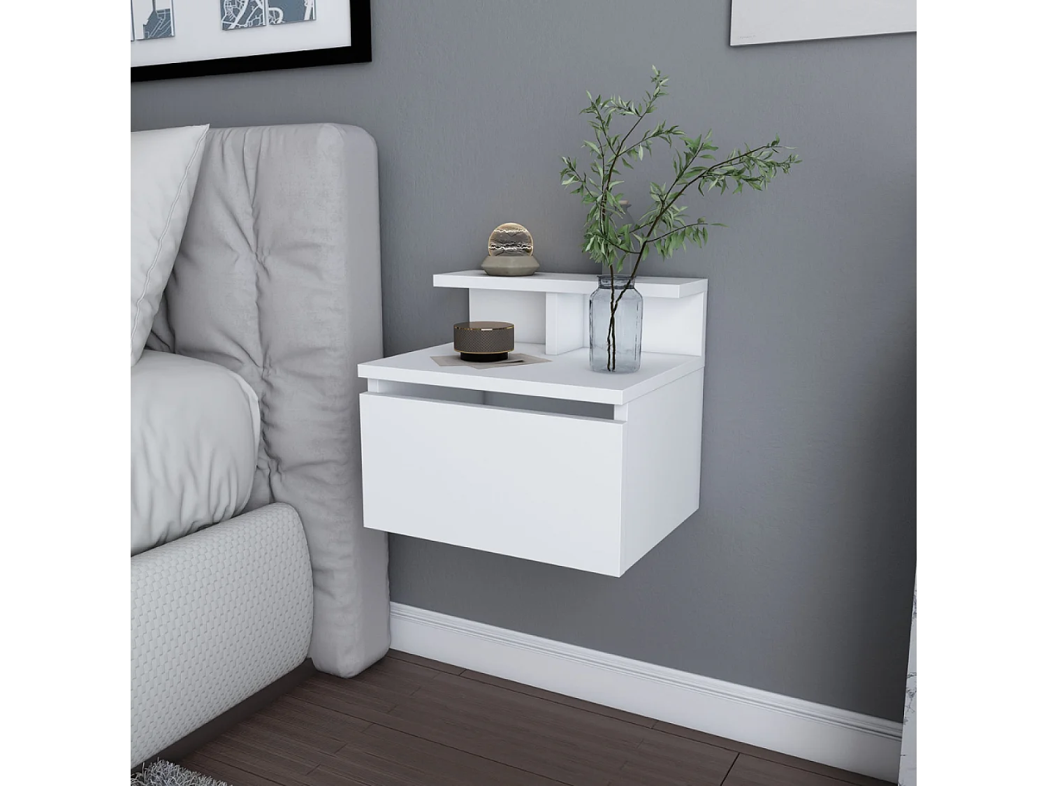 Comodino sospeso bianco con cassetto e ripiano VISBY