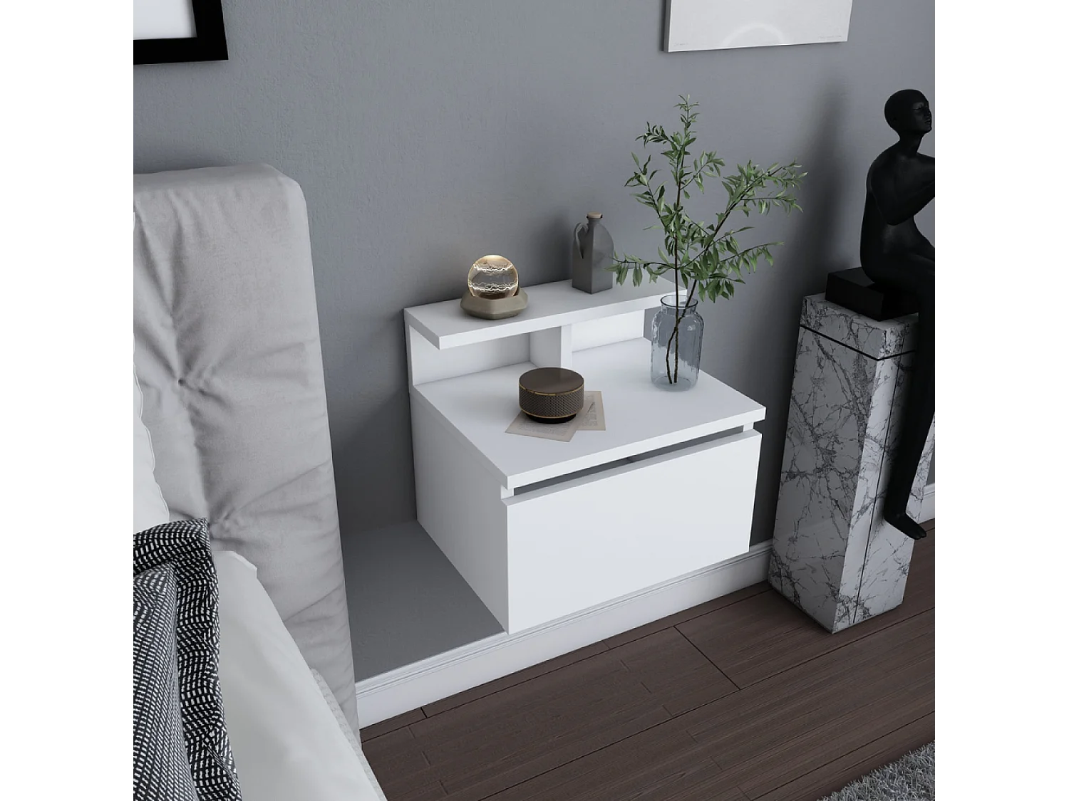 Comodino sospeso bianco con cassetto e ripiano VISBY