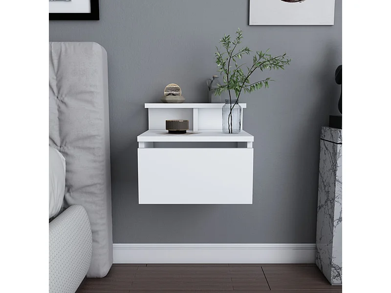 Comodino sospeso bianco con cassetto e ripiano VISBY