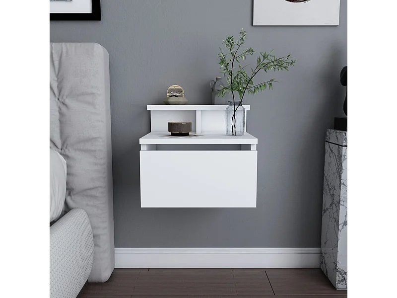 Comodino sospeso bianco con cassetto e ripiano VISBY