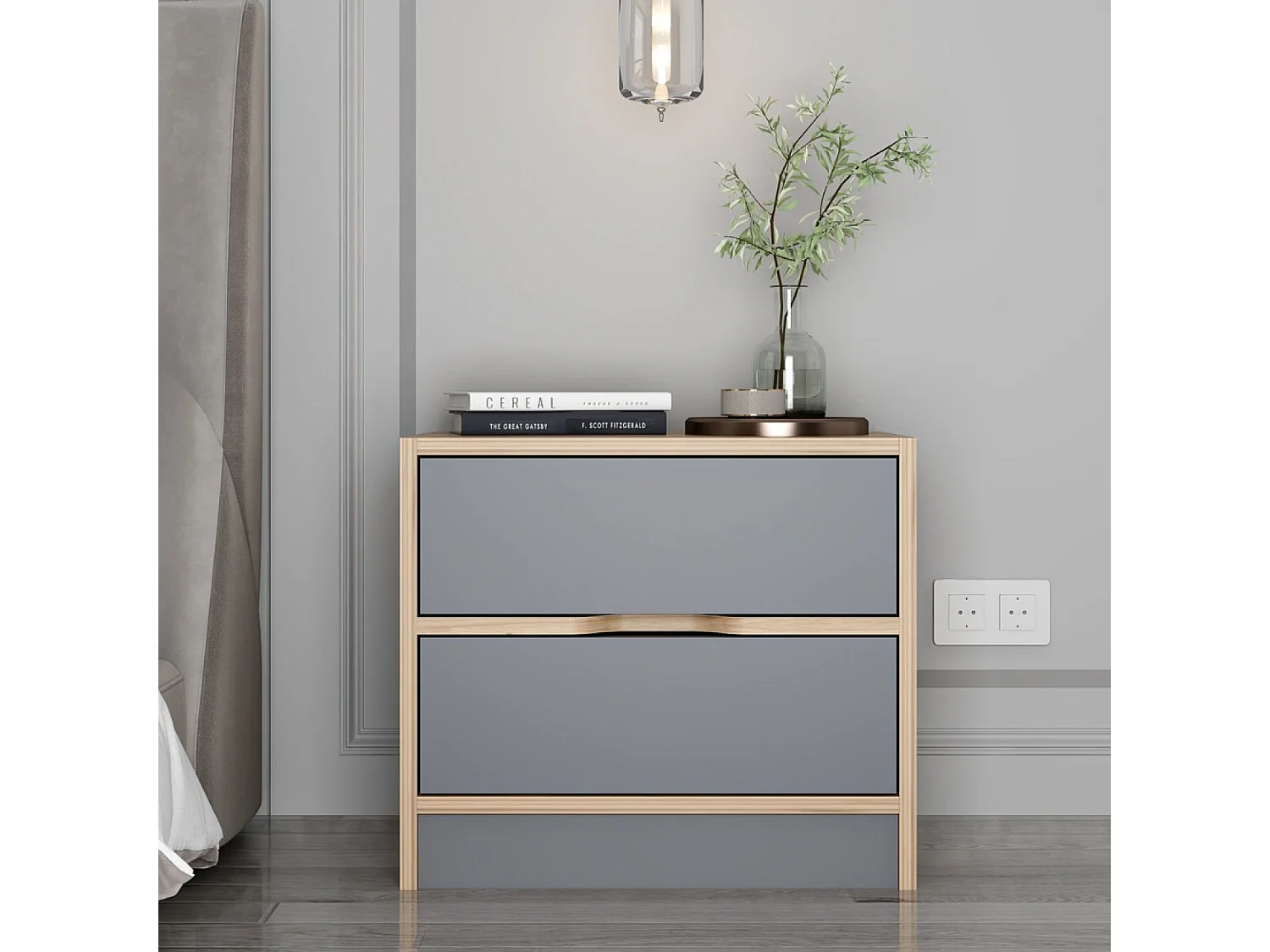 Table de chevet bois et gris 2 tiroirs MOLDE