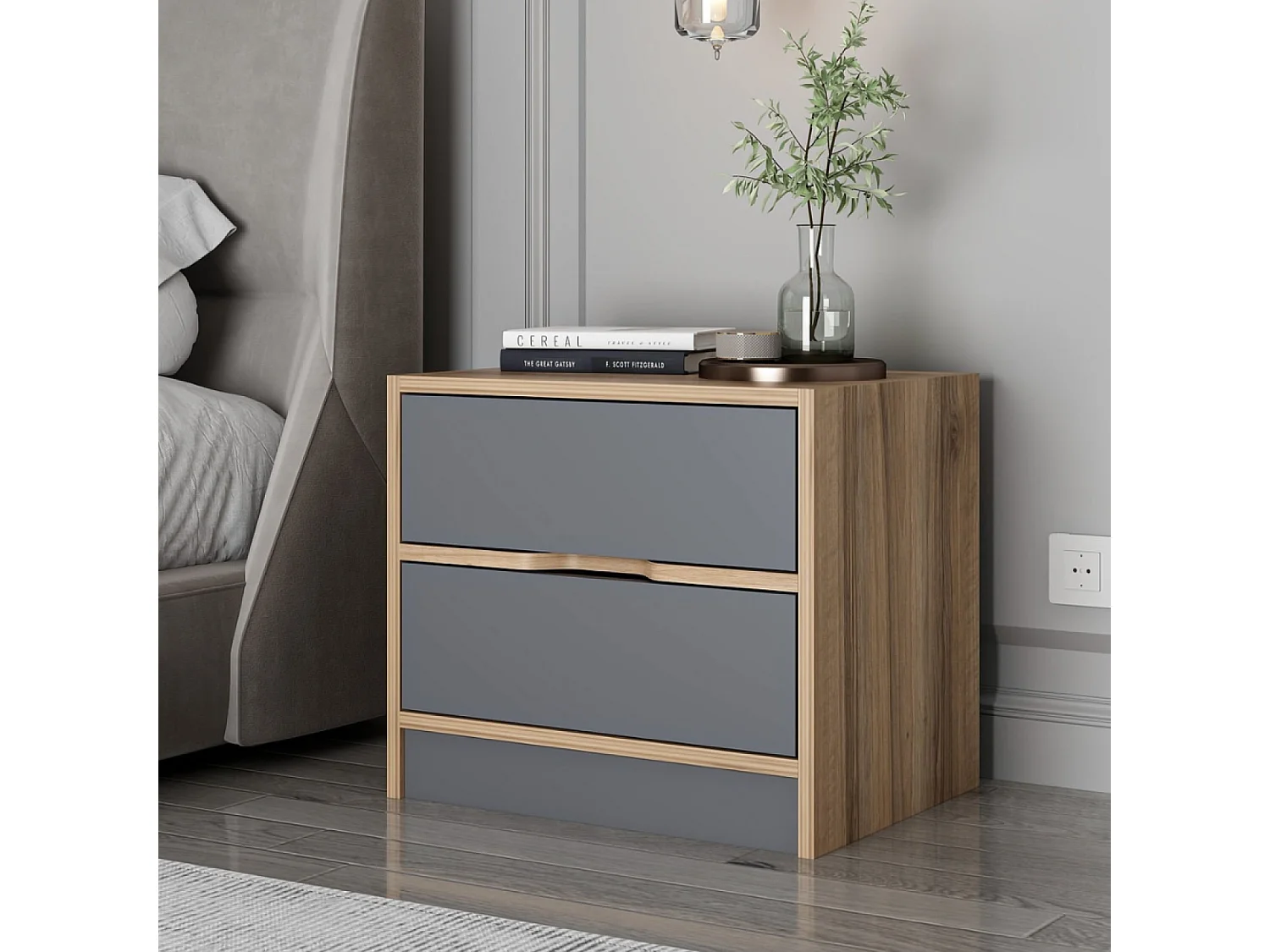 Table de chevet bois et gris 2 tiroirs MOLDE