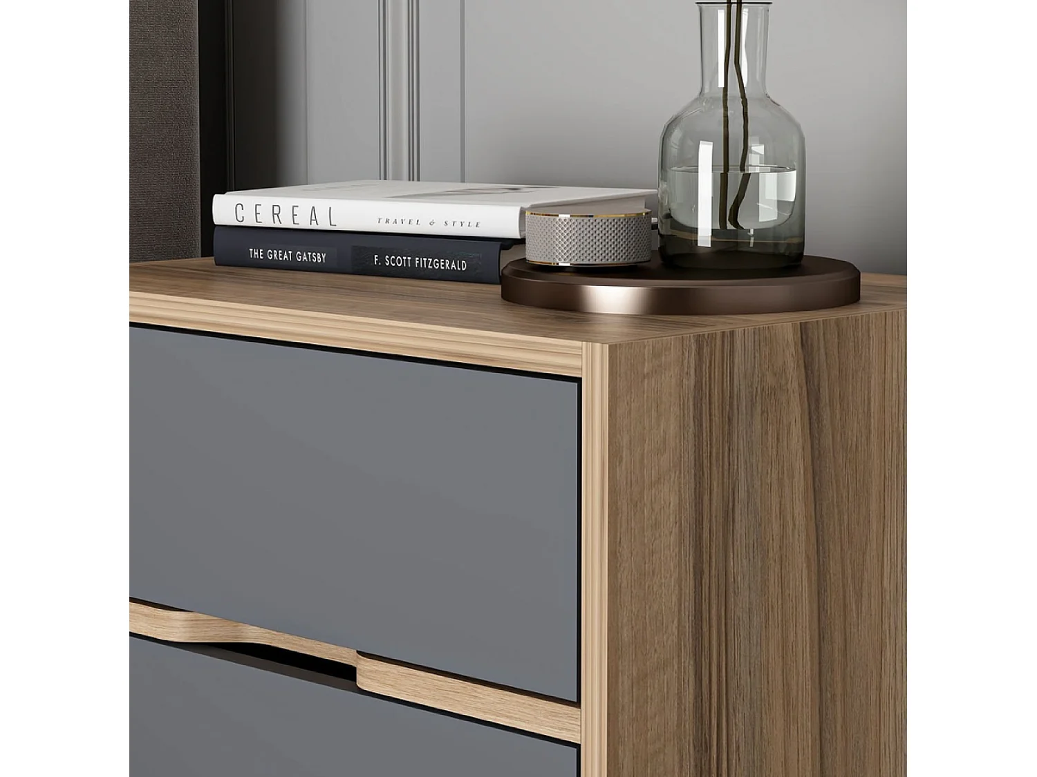 Table de chevet bois et gris 2 tiroirs MOLDE