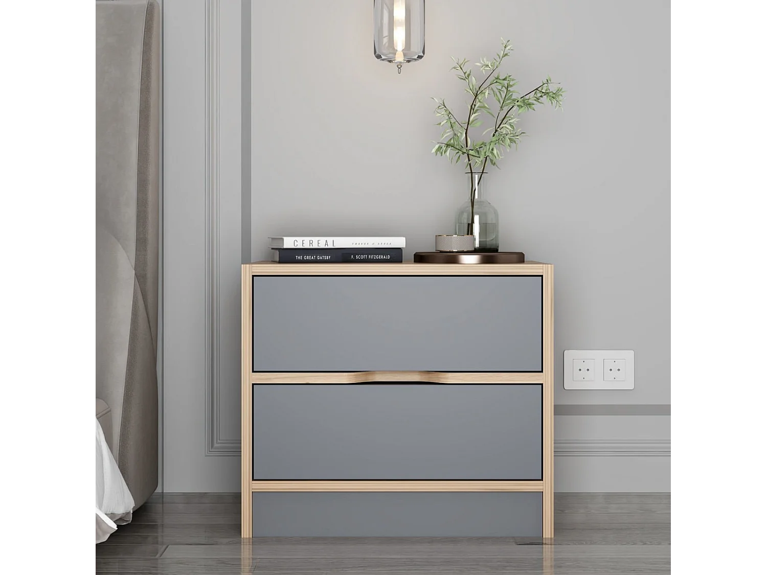 Table de chevet bois et gris 2 tiroirs MOLDE