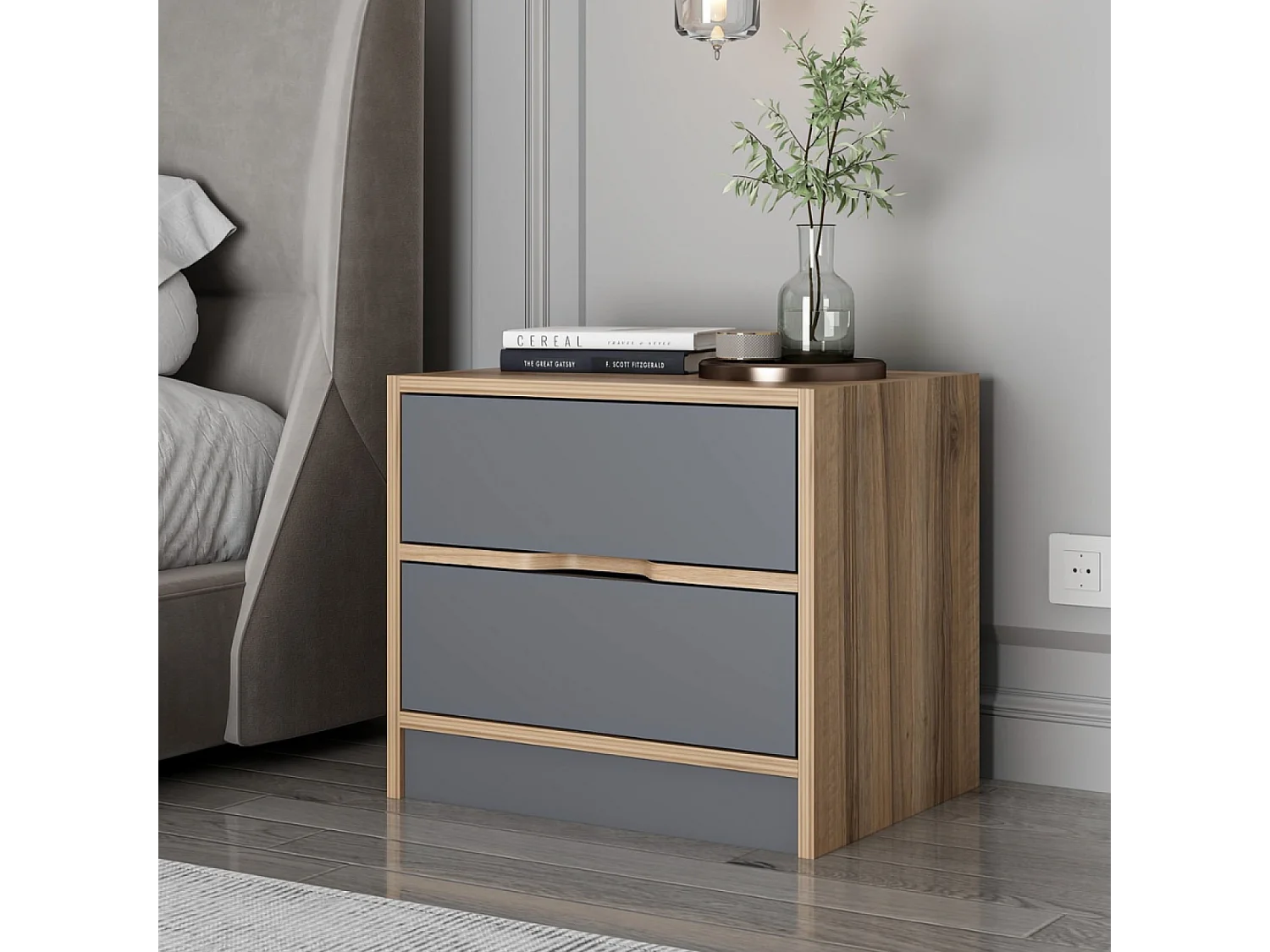 Table de chevet bois et gris 2 tiroirs MOLDE