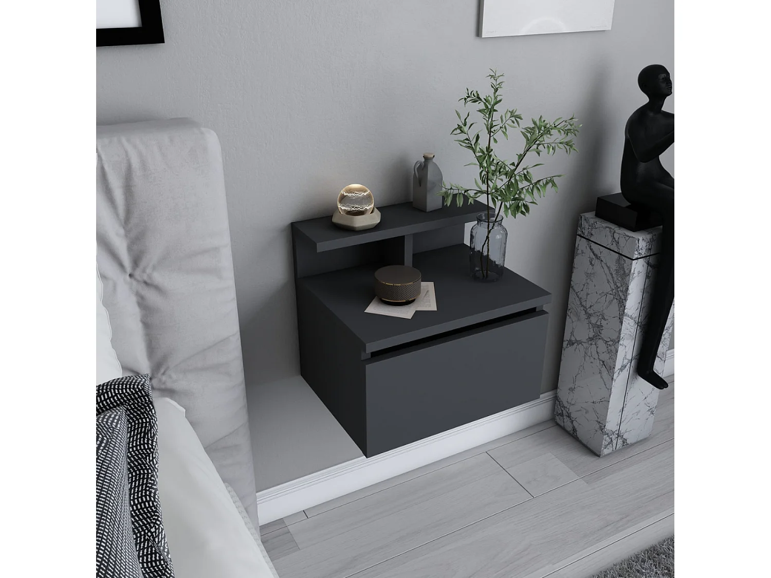 Table de chevet murale anthracite avec tiroir et étagère VISBY