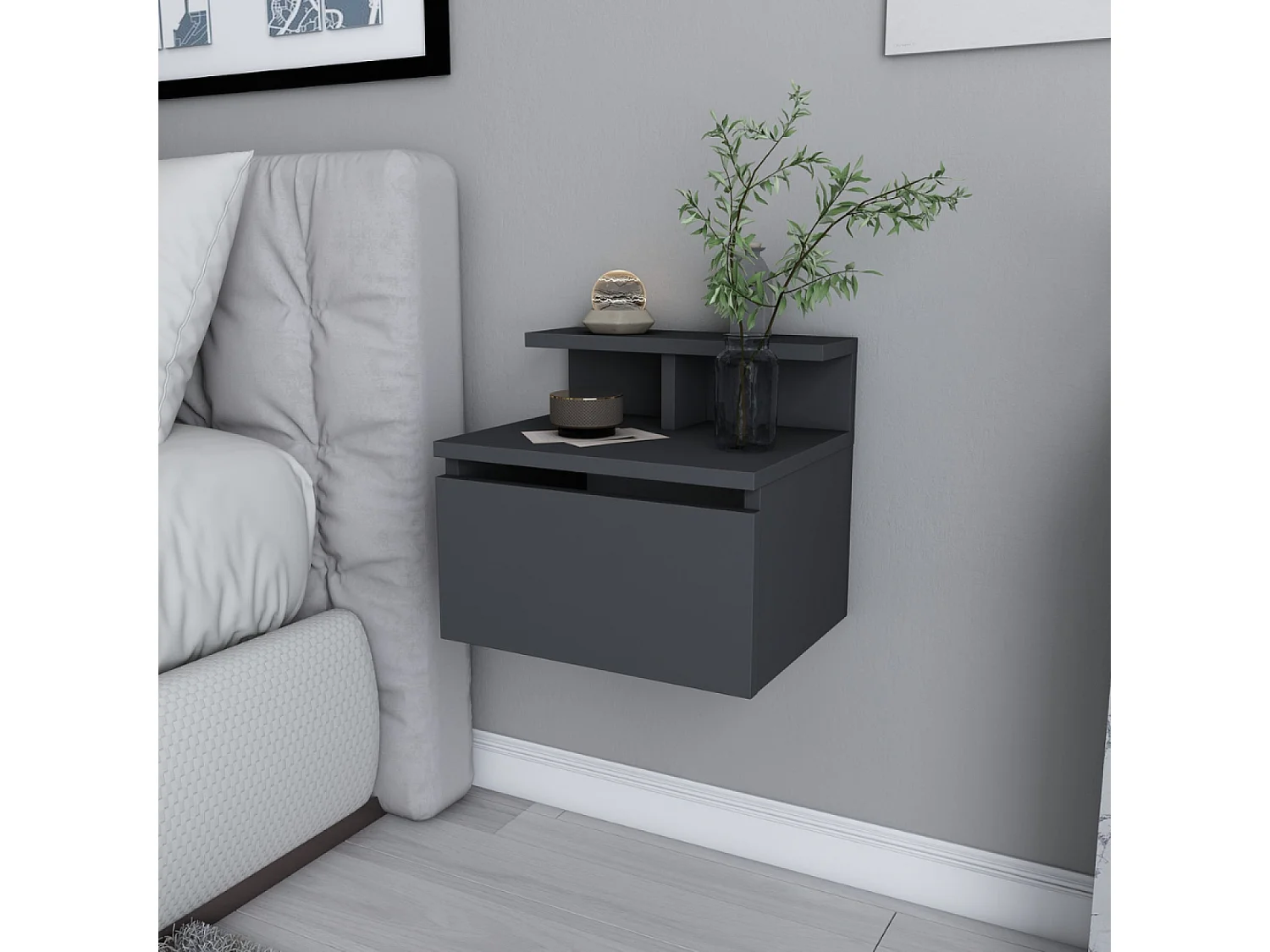 Wandnachtkastje antraciet met lade en plank VISBY