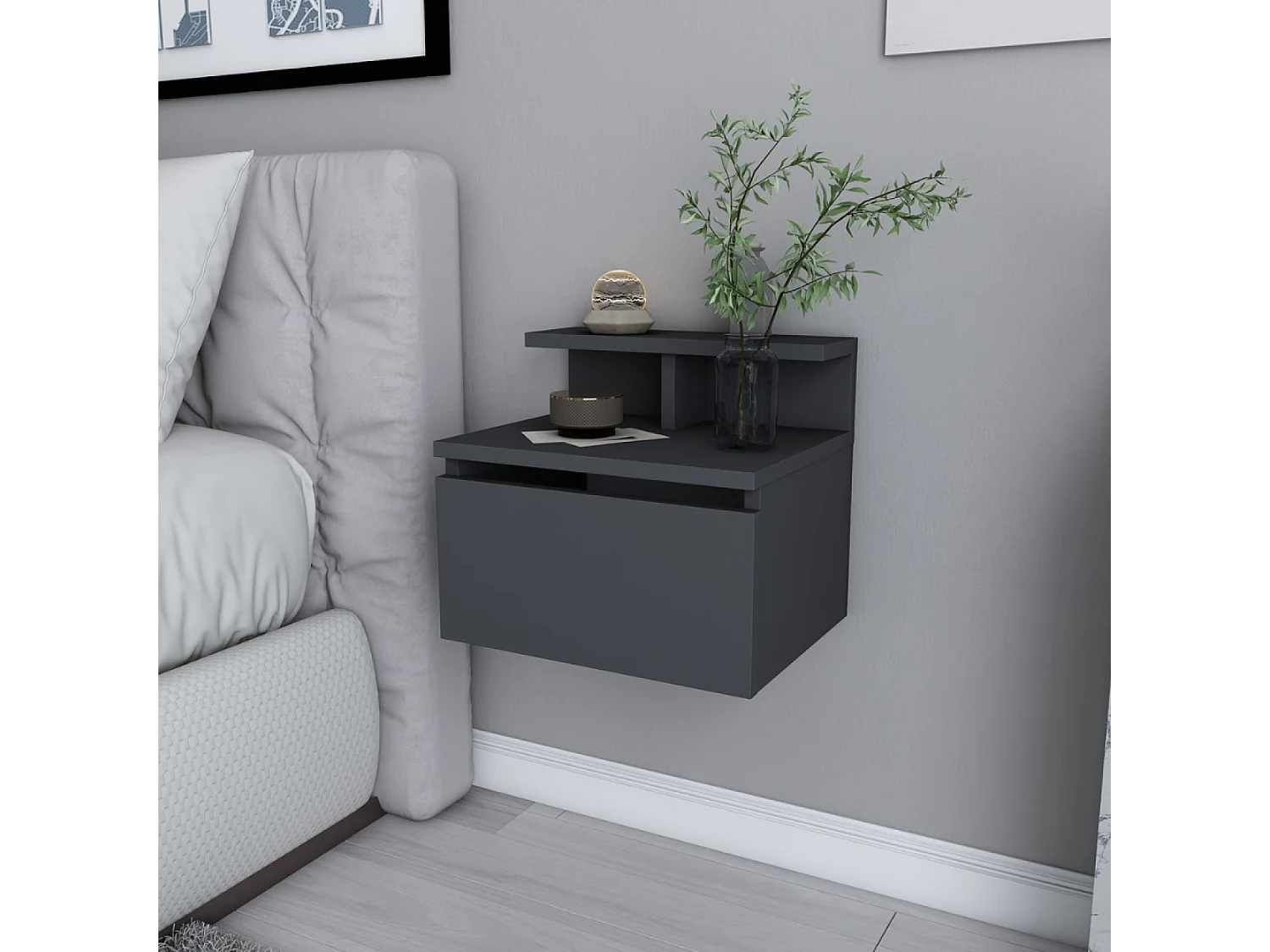 Comodino murale antracite con cassetto e ripiano VISBY
