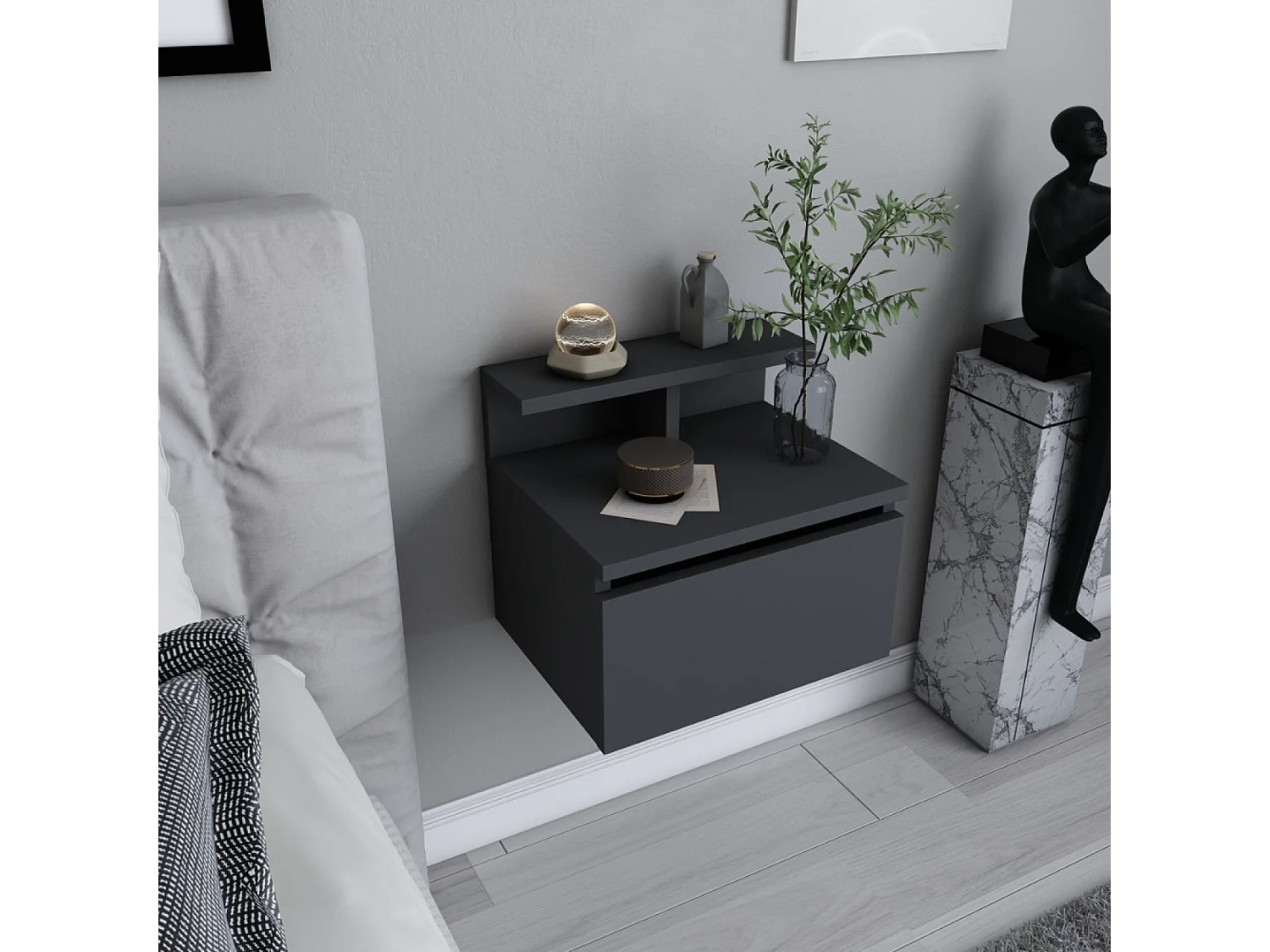 Table de chevet murale anthracite avec tiroir et étagère VISBY