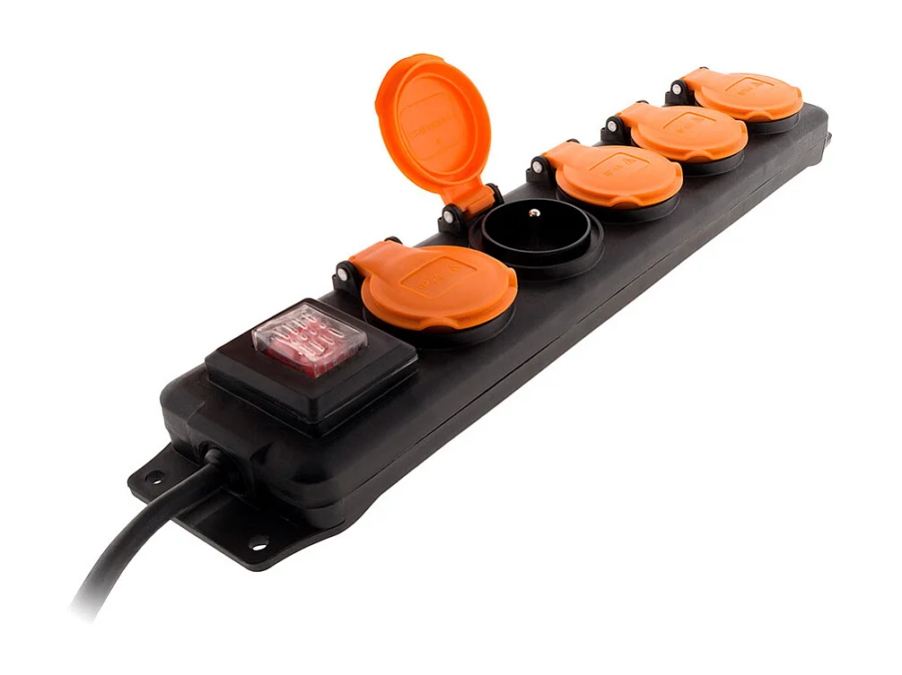 Wasserdichte Steckdosenleiste IP44 5 Steckdosen 16A 2P+T mit Klappen und Schalter - Kabel HO5RRF 3G1mm² 1,5m