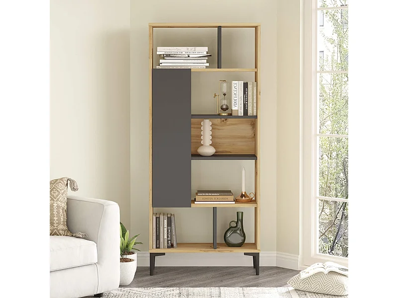 Libreria Rebecca Mobili Kanak 163,5x72x25 Truciolato PVC Rovere Chiaro Grigio Scuro Moderno