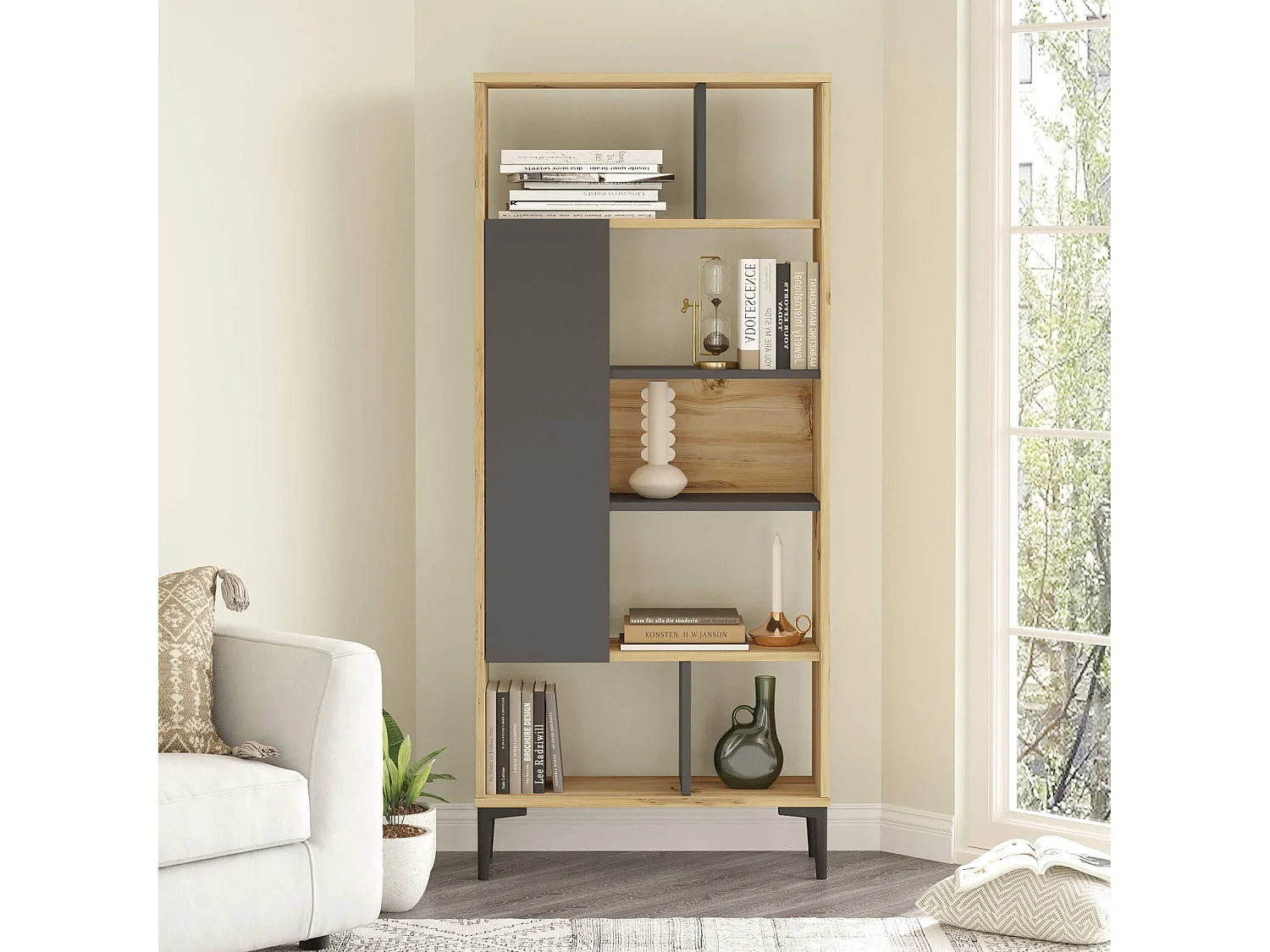Libreria Rebecca Mobili Kanak 163,5x72x25 Truciolato PVC Rovere Chiaro Grigio Scuro Moderno